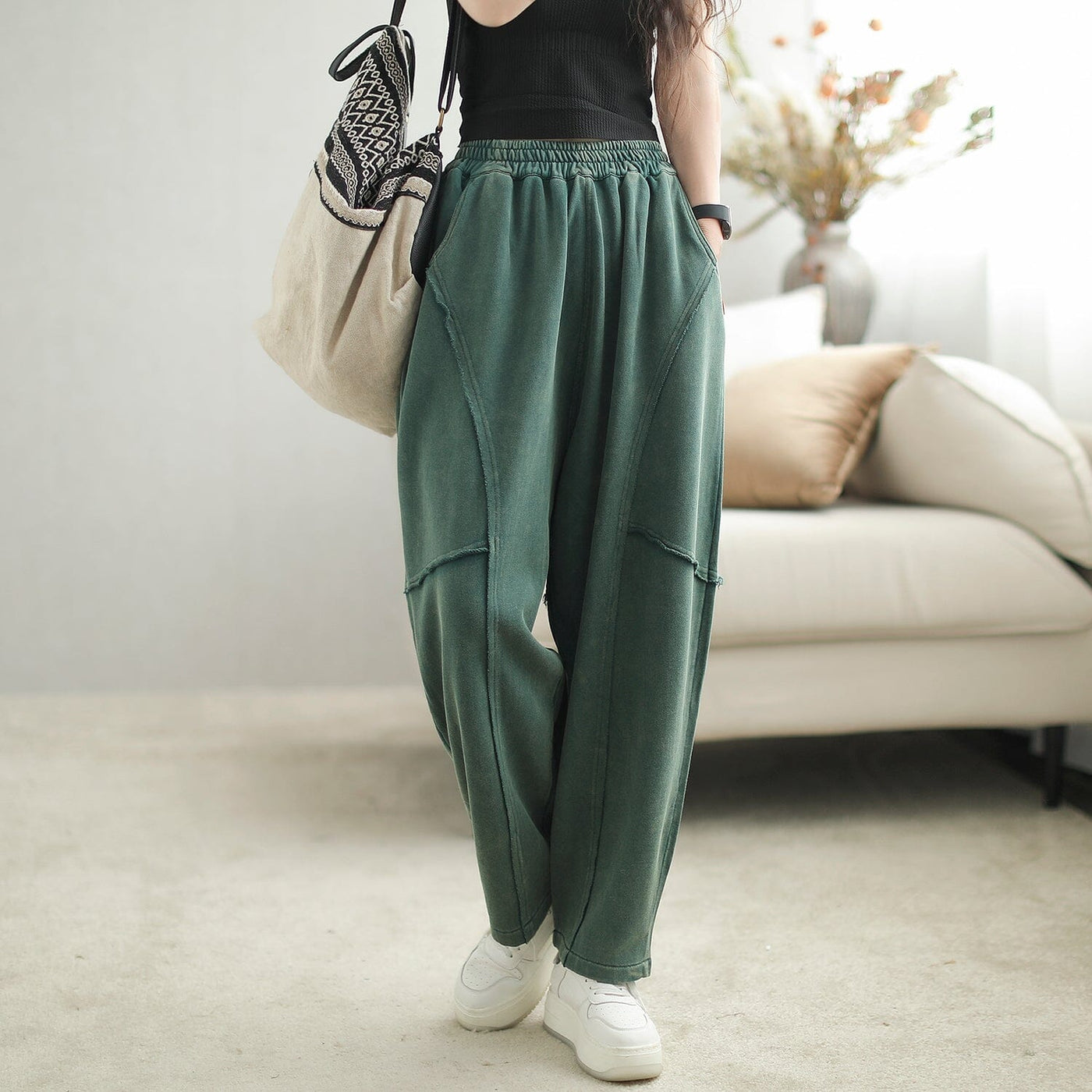 Autumn Patchwork Casual Loose Cotton Harem Pants Aug 2023 New Arrival One Size Green 