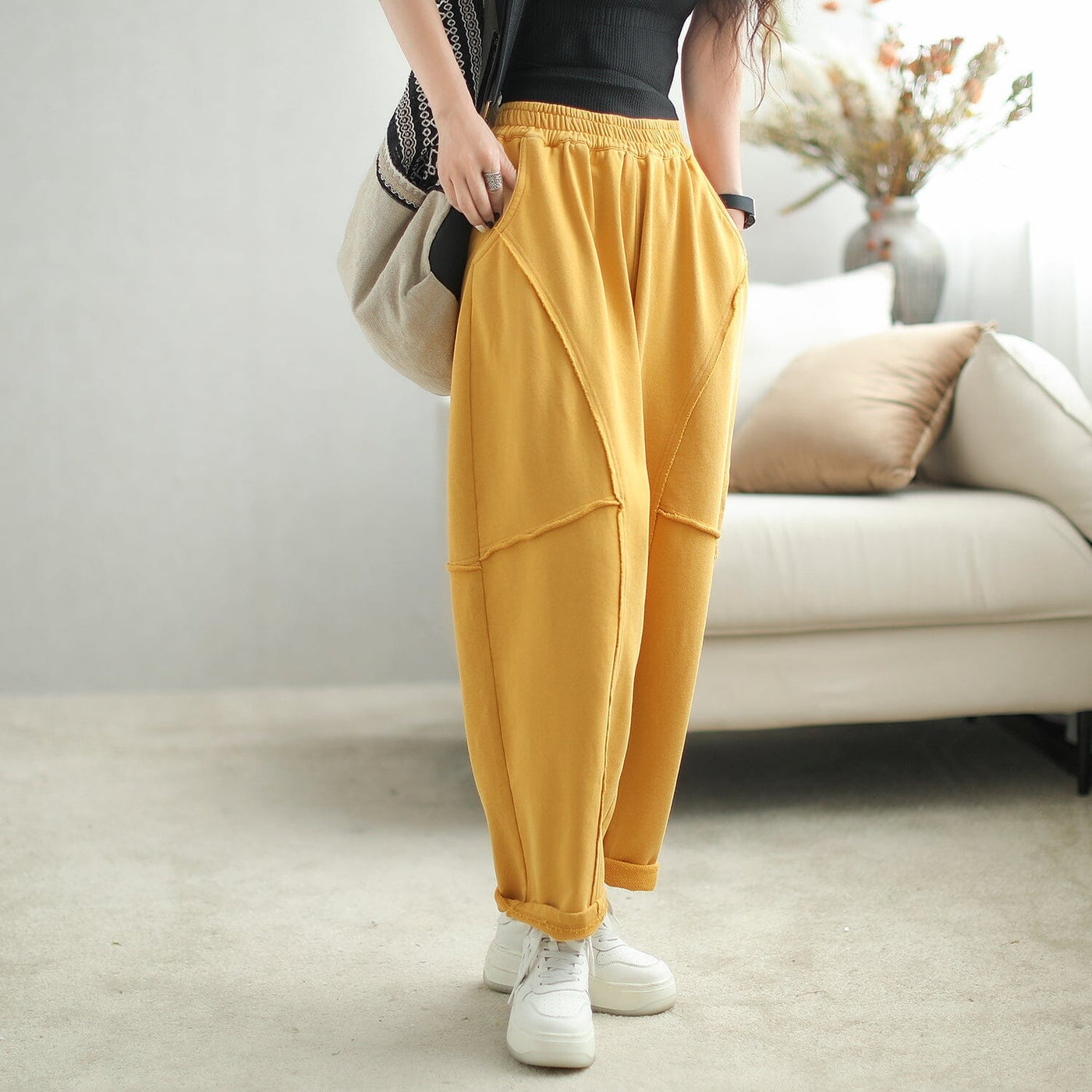 Autumn Patchwork Casual Loose Cotton Harem Pants Aug 2023 New Arrival One Size Yellow 