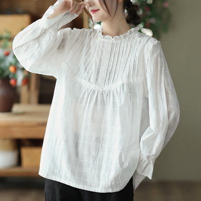 Autumn Pure Loose Ruffle Collar Cotton T-Shirt For Women Aug 2022 New Arrival 