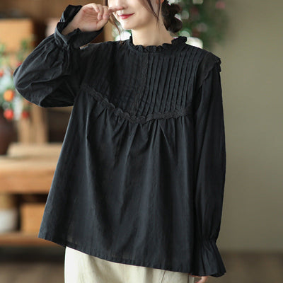 Autumn Pure Loose Ruffle Collar Cotton T-Shirt For Women Aug 2022 New Arrival Black One Size 