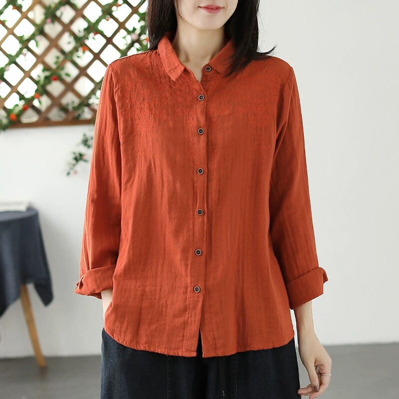 Autumn Retro Casual Loose Cotton Blouse Sep 2023 New Arrival Red M 