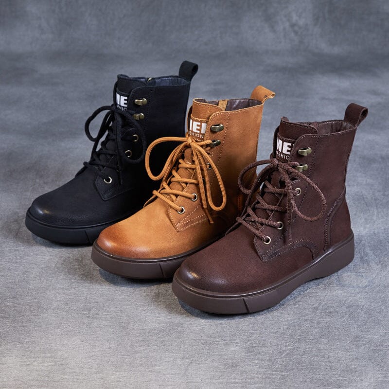Autumn Retro Classic Leather Flat Combat Boots