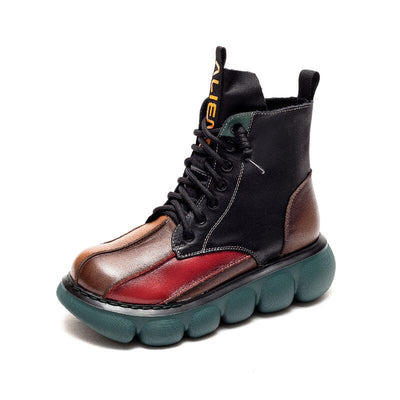 Autumn Retro Color Matching Leather Platform Boots