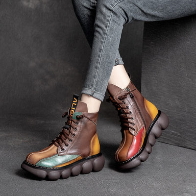 Autumn Retro Color Matching Leather Platform Boots