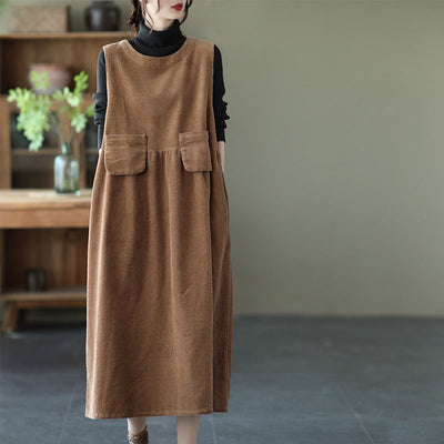 Autumn Retro Cotton Corduroy Loose Sleeveless Dress Oct 2022 New Arrival Brown One Size 