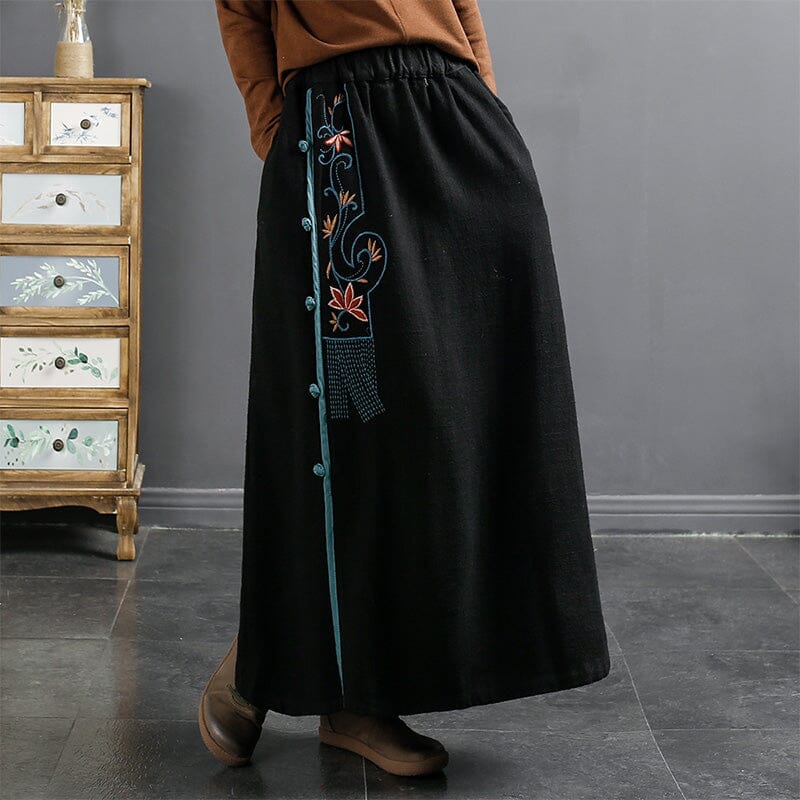 Autumn Retro Embroidery Linen A-Line Skirt Dec 2022 New Arrival L Black 