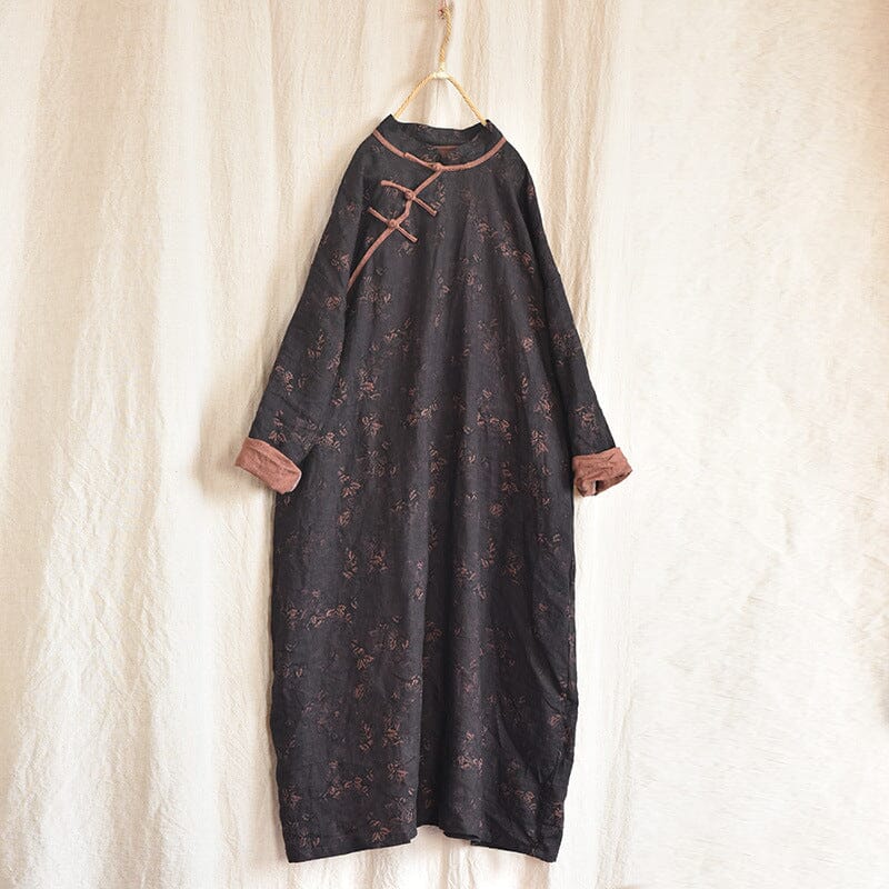 Autumn Retro Floral Cotton Linen Dress Aug 2023 New Arrival Black One Size 