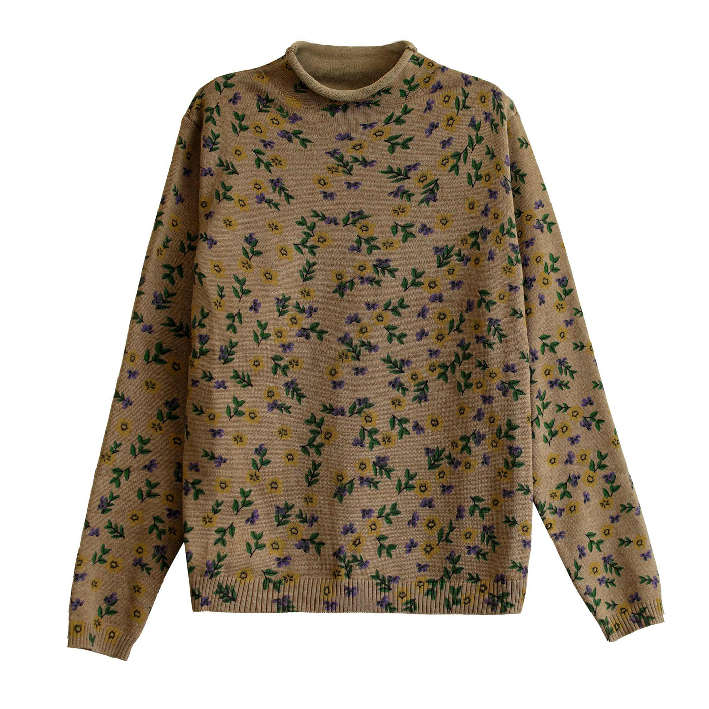 Autumn Retro Floral Turtleneck Cotton Knitted Sweater