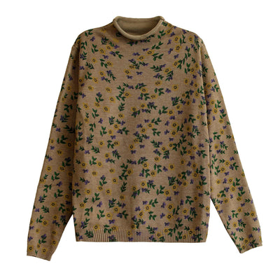 Autumn Retro Floral Turtleneck Cotton Knitted Sweater