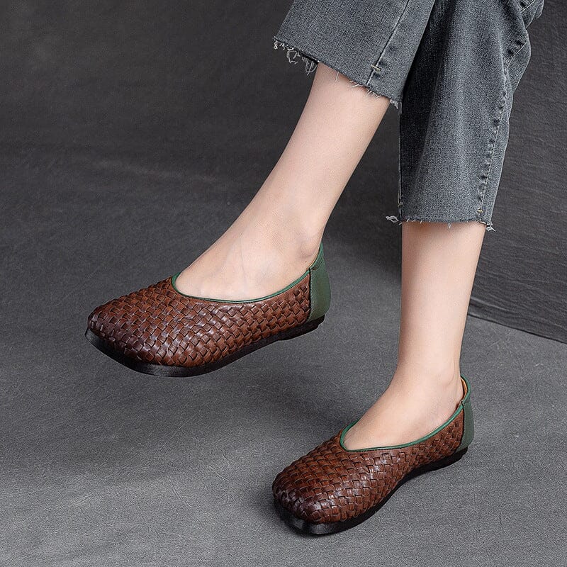 Autumn Retro Handcraft Plaited Leather Flats Casual Shoes Aug 2023 New Arrival 