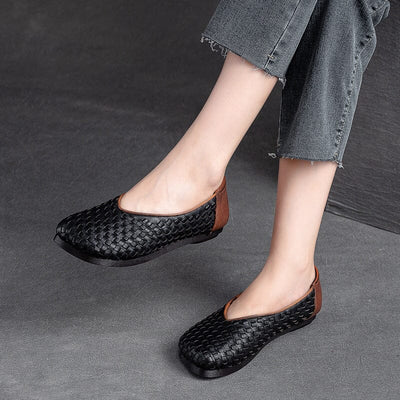 Autumn Retro Handcraft Plaited Leather Flats Casual Shoes Aug 2023 New Arrival 