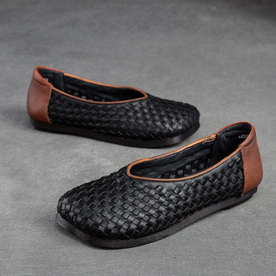 Autumn Retro Handcraft Plaited Leather Flats Casual Shoes Aug 2023 New Arrival Black 35 