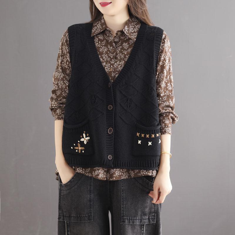 Autumn Retro Hollow Loose Cotton Knitted Vest Aug 2021 New-Arrival Black 