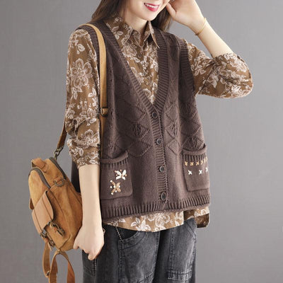 Autumn Retro Hollow Loose Cotton Knitted Vest Aug 2021 New-Arrival Coffee 