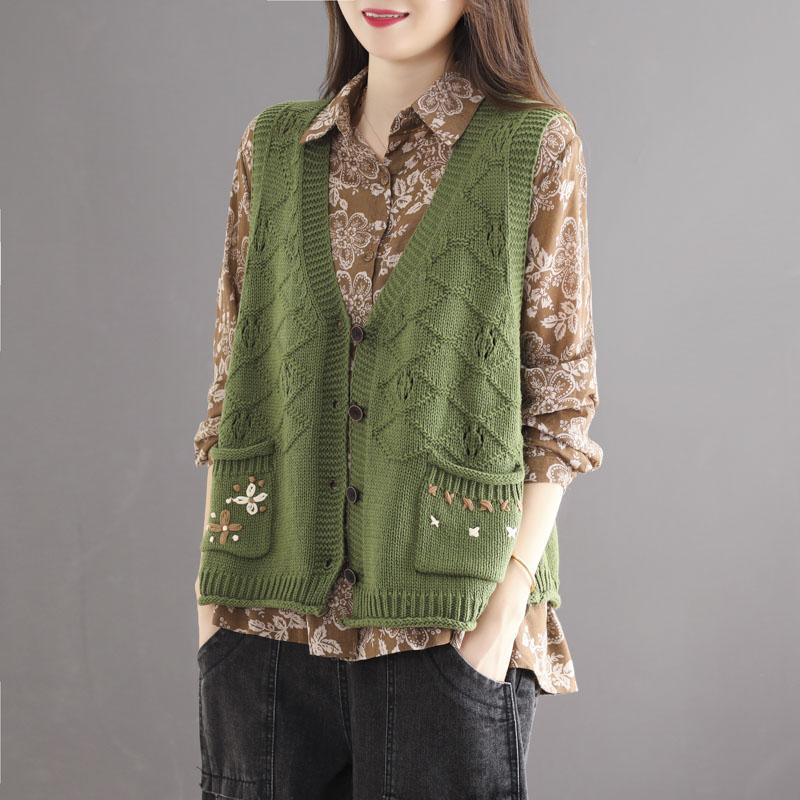 Autumn Retro Hollow Loose Cotton Knitted Vest Aug 2021 New-Arrival Green 