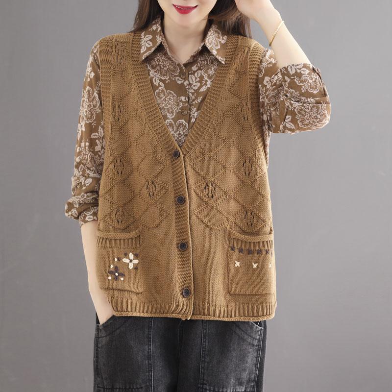 Autumn Retro Hollow Loose Cotton Knitted Vest Aug 2021 New-Arrival Khaki 