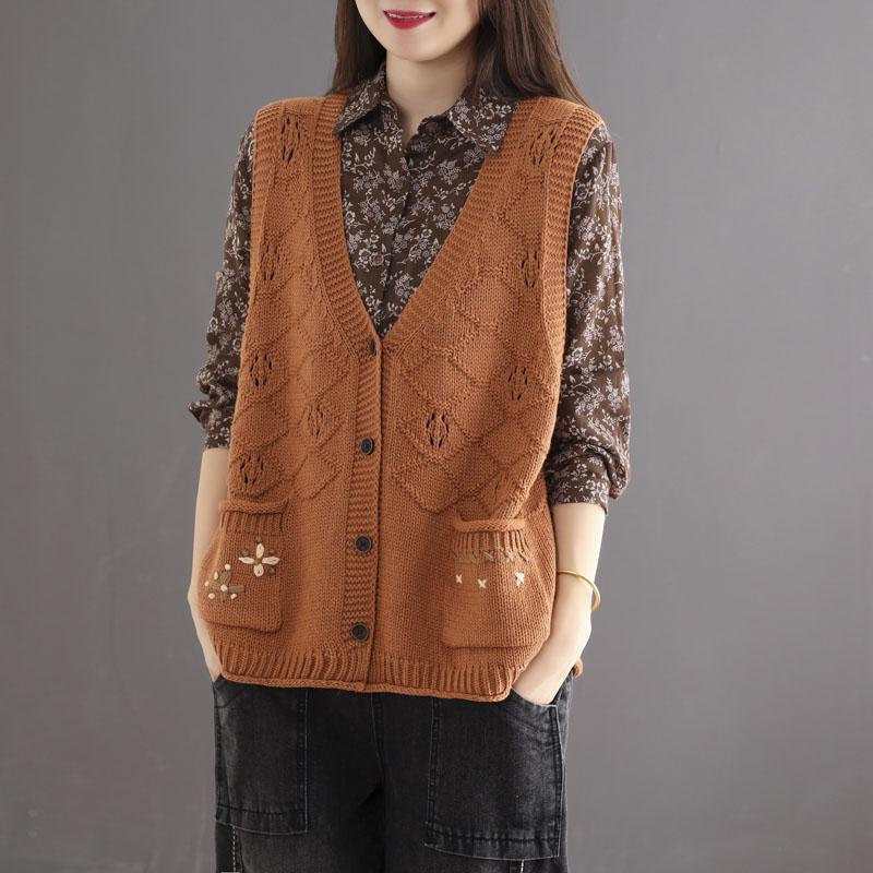 Autumn Retro Hollow Loose Cotton Knitted Vest
