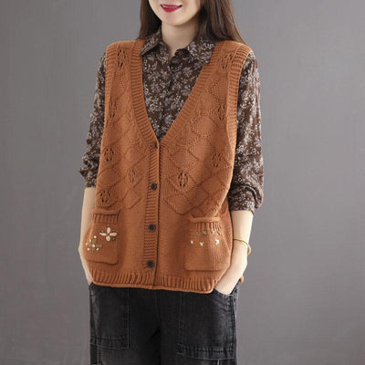 Autumn Retro Hollow Loose Cotton Knitted Vest Aug 2021 New-Arrival Orange 