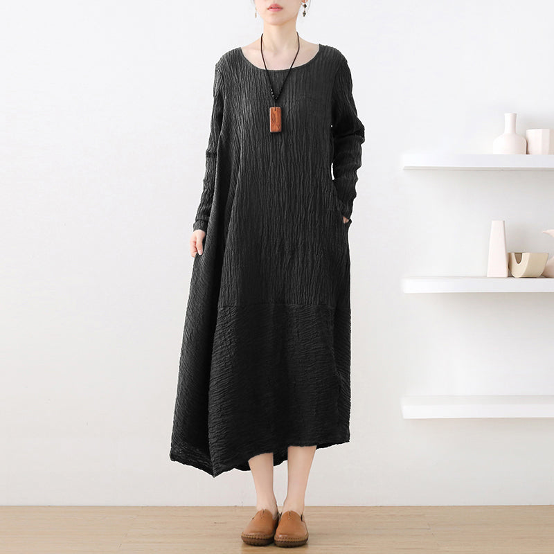 Autumn Retro Irregular Cotton Pleated Dress Aug 2022 New Arrival One Size Black 