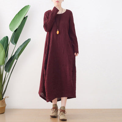 Autumn Retro Irregular Cotton Pleated Dress Aug 2022 New Arrival One Size Red 