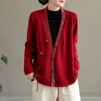 Women Retro Embroidered Knitted Asymmetric Front Coat