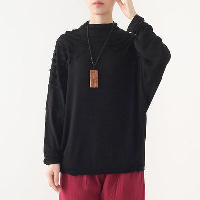 Autumn Retro Irregular Patchwork Cotton Knitted T-Shirt Dec 2022 New Arrival One Size Black 