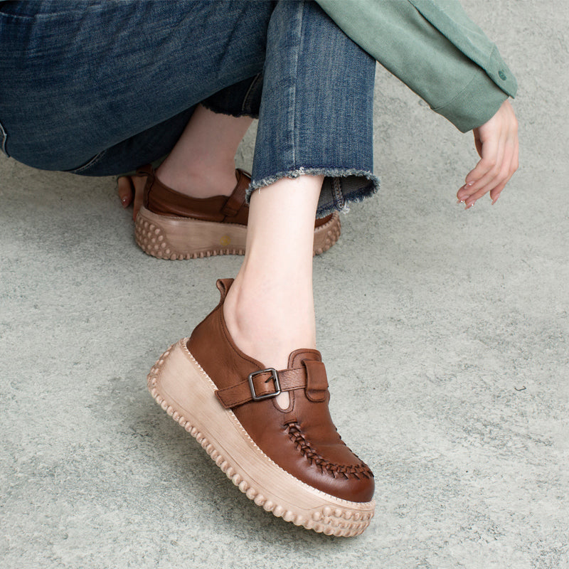 Autumn Retro Leather Buckled Platform Casual Shoes