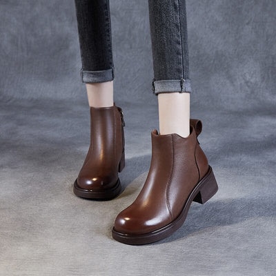 Autumn Retro Leather Chunky Heel Ankle Boots Oct 2023 New Arrival 
