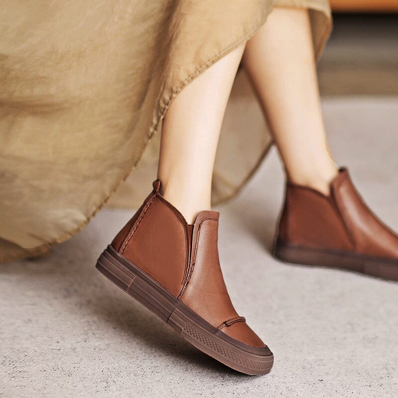 Autumn Retro Leather Flat Ankle Boots
