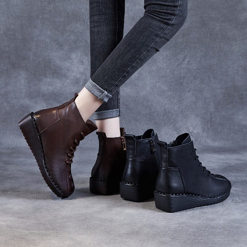 Autumn Retro Leather Low Wedge Casual Boots