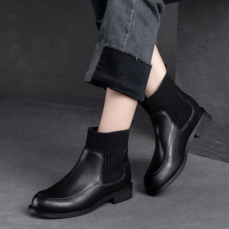 Autumn Retro Leather Patchwork Ankle Socks Boots