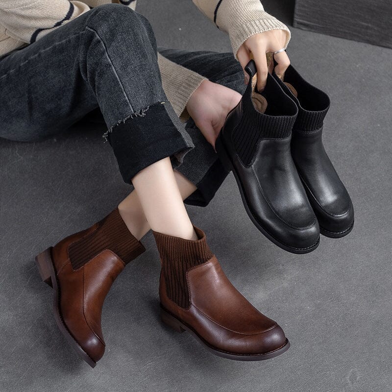 Autumn Retro Leather Patchwork Ankle Socks Boots