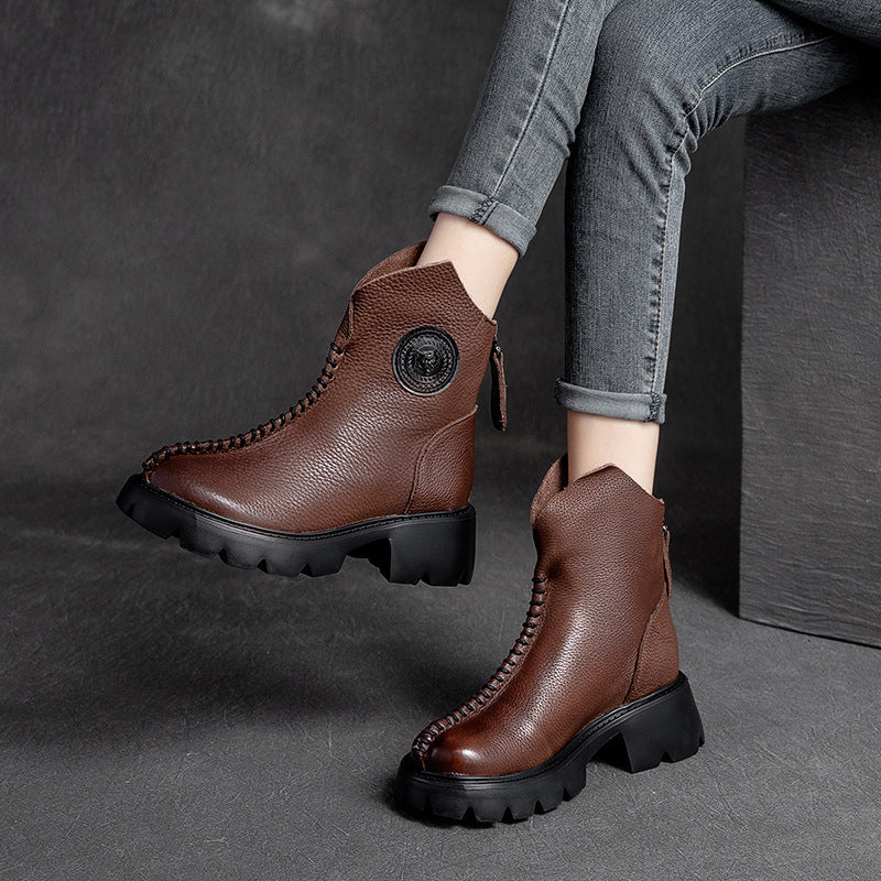 Autumn Retro Leather Thick Sole Boots for Women