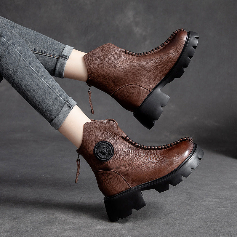 Autumn Retro Leather Thick Sole Boots for Women