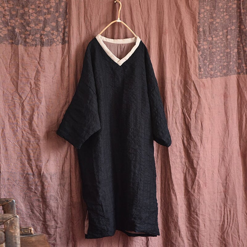 Autumn Retro Loose Cotton Linen Casual Dress Sep 2023 New Arrival Black One Size 