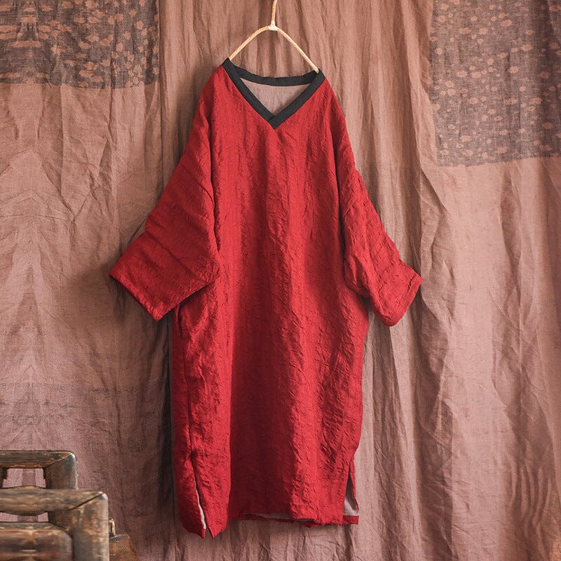 Autumn Retro Loose Cotton Linen Casual Dress Sep 2023 New Arrival Red One Size 