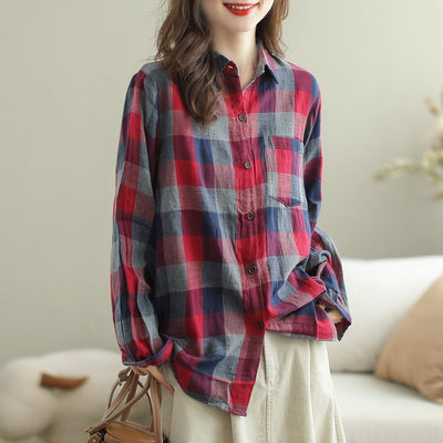 Autumn Retro Loose Cotton Plaid Casual Blouse Oct 2023 New Arrival M Red 