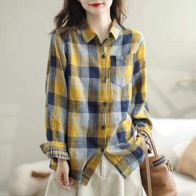 Autumn Retro Loose Cotton Plaid Casual Blouse Oct 2023 New Arrival M Yellow 