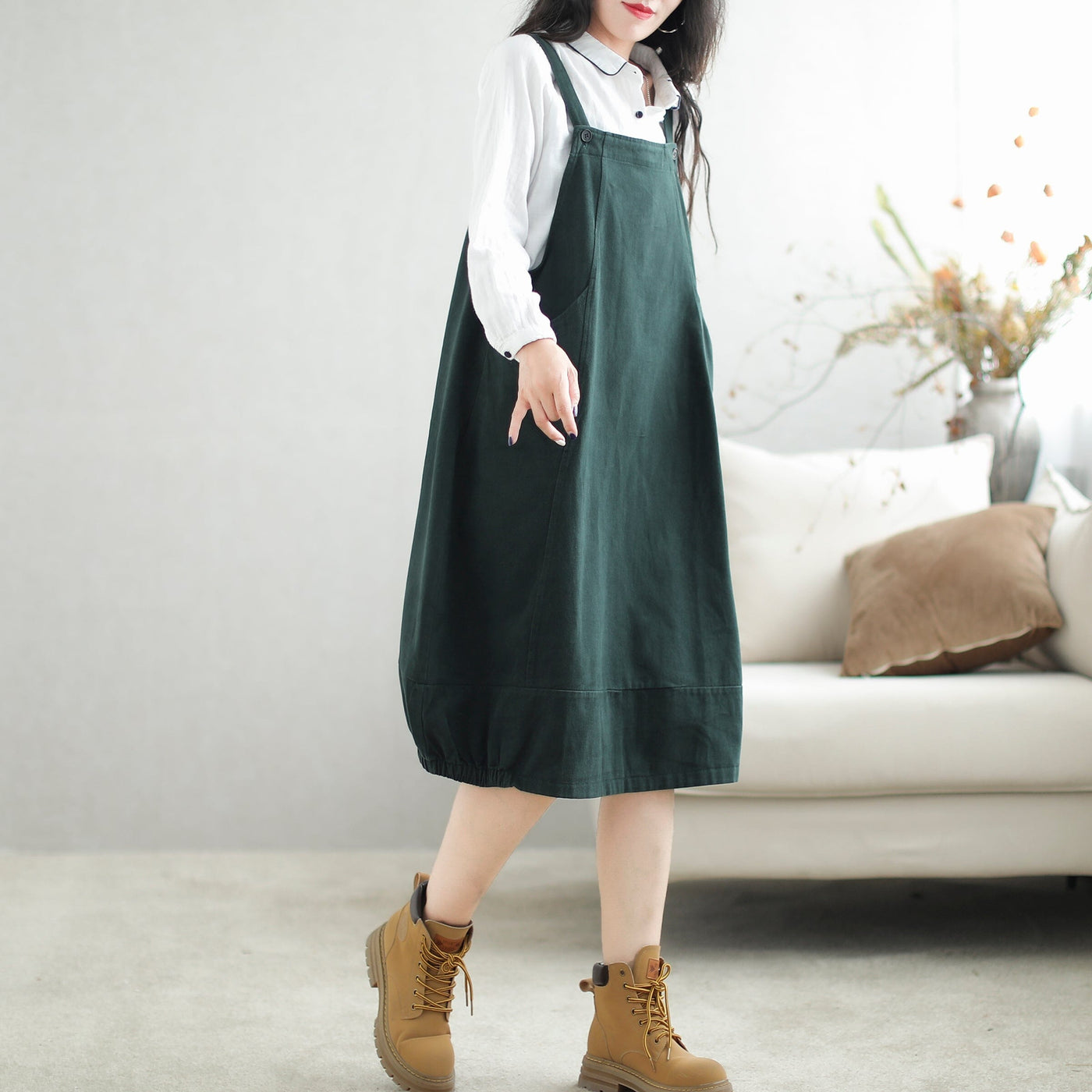 Autumn Retro Loose Solid Casual Strape Dress Aug 2023 New Arrival M Green 