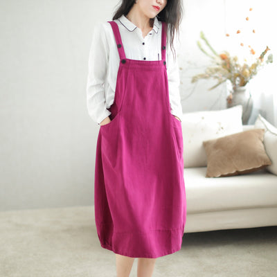 Autumn Retro Loose Solid Casual Strape Dress Aug 2023 New Arrival M Rose Red 