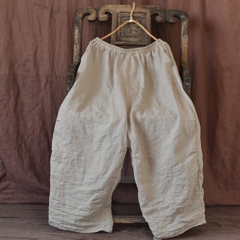Autumn Retro Loose Solid Linen Pants Aug 2023 New Arrival Beige One Size 