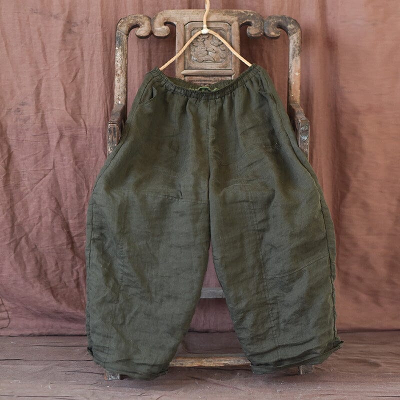 Autumn Retro Loose Solid Linen Pants Aug 2023 New Arrival Green One Size 