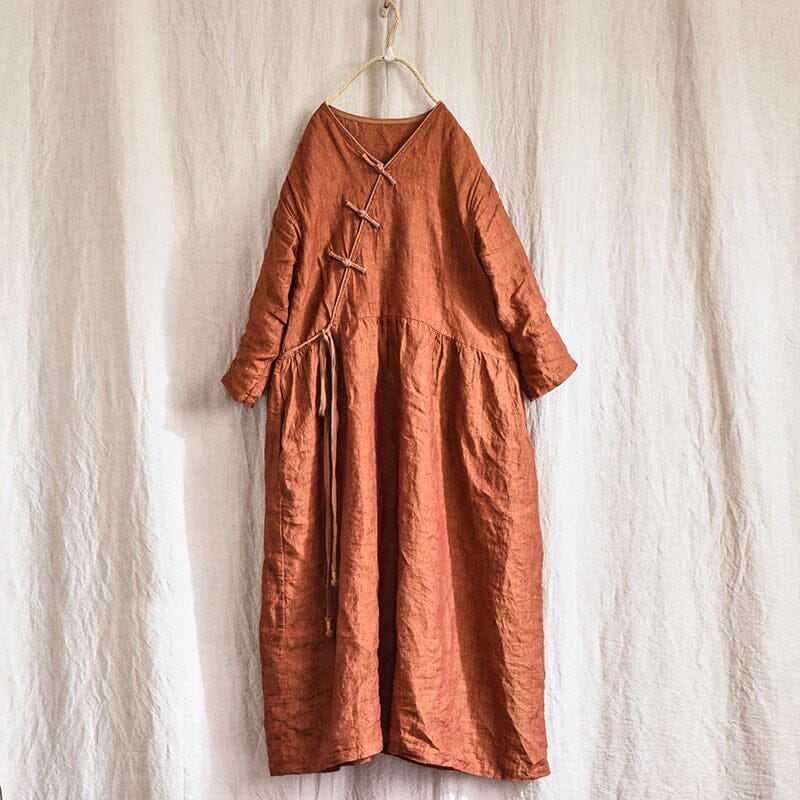 Autumn Retro Loose Solid Lnen V-Neck Dress Aug 2023 New Arrival Orange One Size 