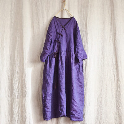 Autumn Retro Loose Solid Lnen V-Neck Dress Aug 2023 New Arrival Purple One Size 