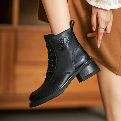 Autumn Retro Minimalist Leather Chunky Heel Boots