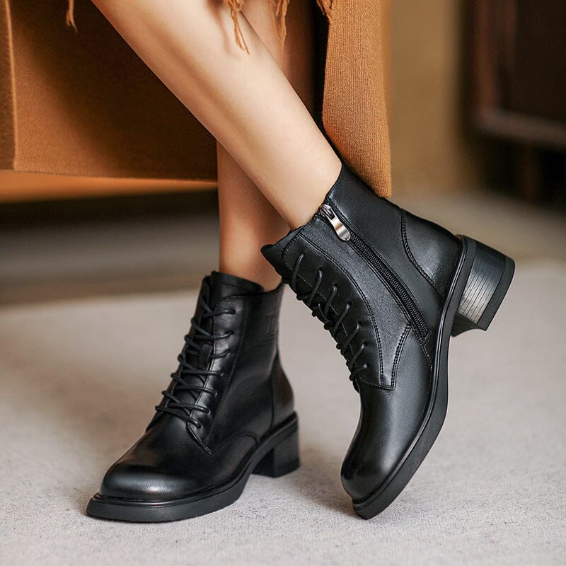 Autumn Retro Minimalist Leather Chunky Heel Boots Aug 2023 New Arrival Black 35 