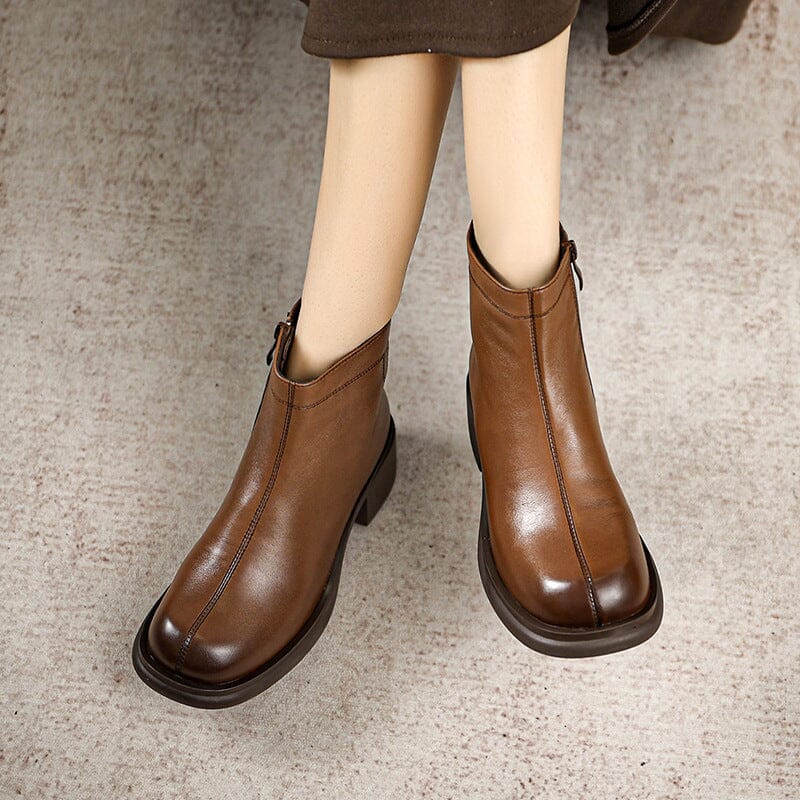 Autumn Retro Minimalist Leather Chunky Heel Boots