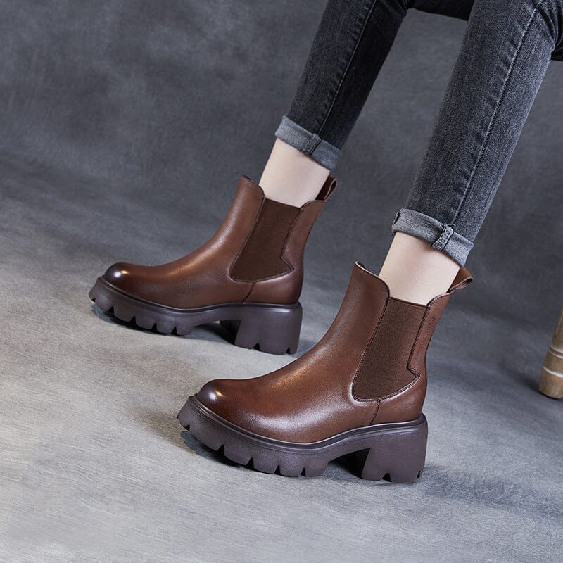 Autumn Retro Minimalist Leather Chunky Platform Boots