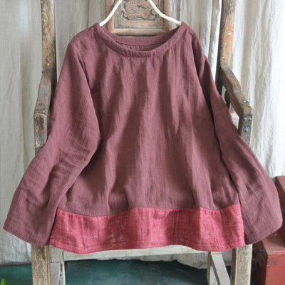Autumn Retro Minimalist Patchwork Pull Over Linen Shirt