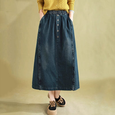 Autumn Retro Patchwork A-Line Cotton Denim Skirt Sep 2023 New Arrival 